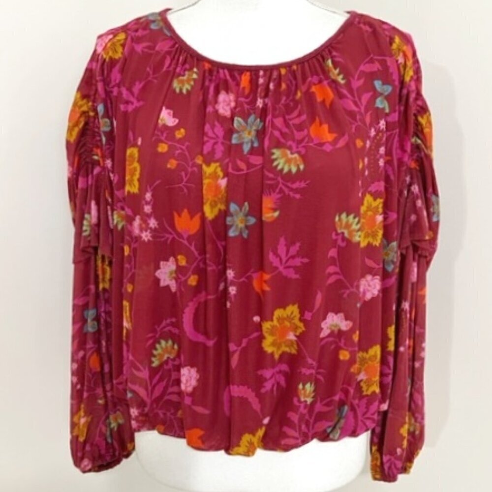 Free People Wildflower Honey Blouson Peasant Top Berry Floral Size Small